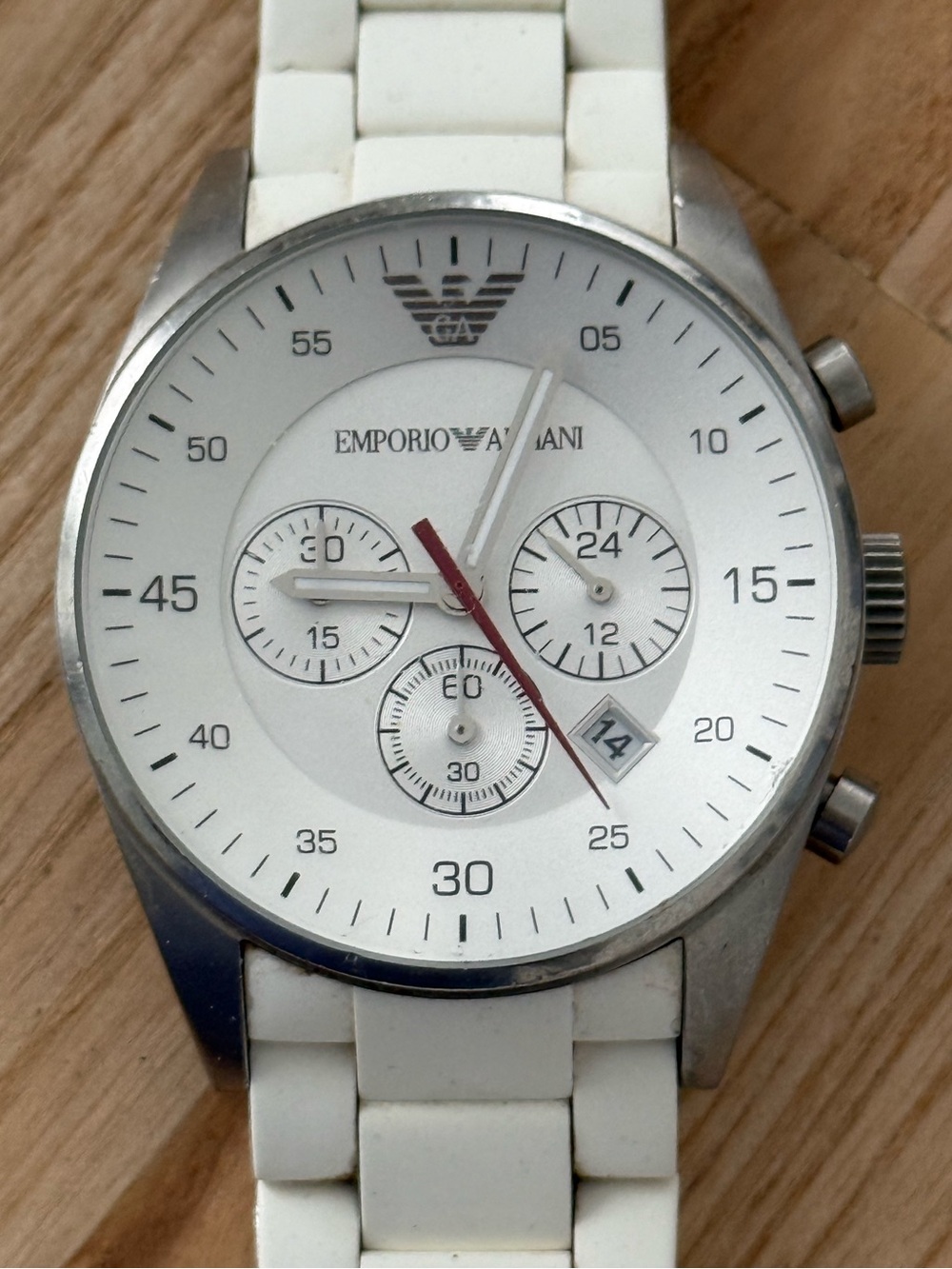 Emporio Armani Rare Chronograph Men’s Watch White Dial Silicone/Stainless Strap